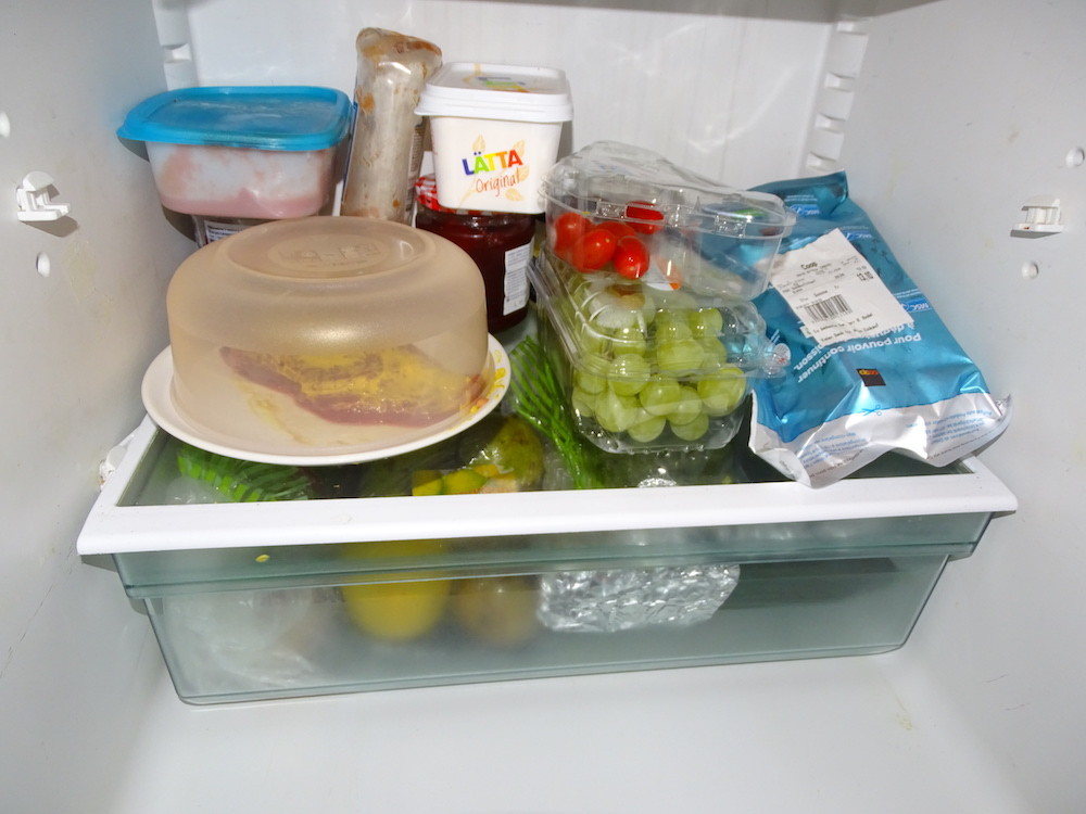 <p>Früchte, Gemüse und Fisch – ein Familienkühlschrank.</p>